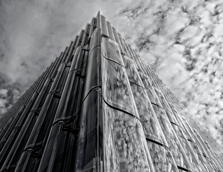 black and white image of the side of a tall building