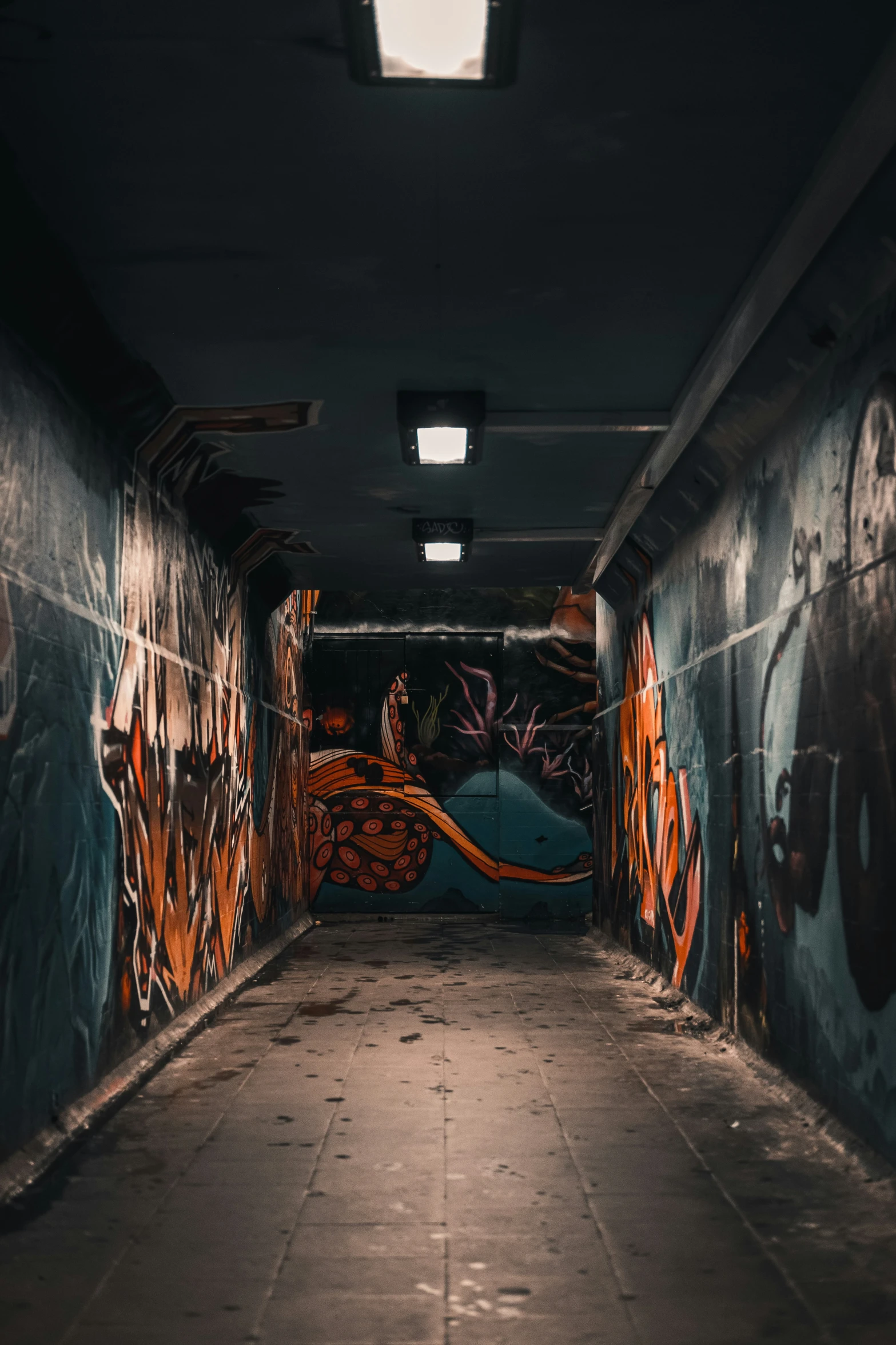 a large long narrow tunnel with graffiti all over the walls