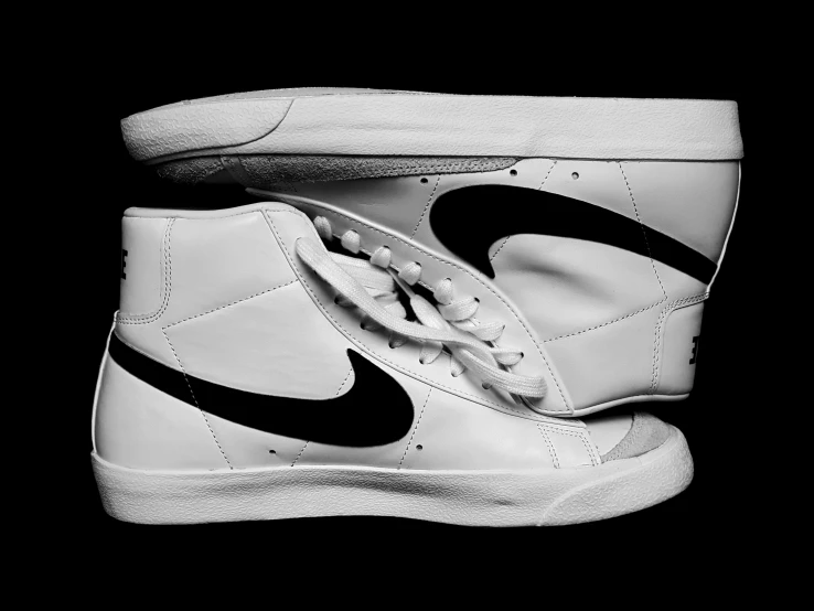 nike sneakers are displayed in this black and white pograph