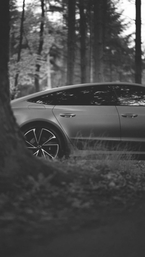 a dark colored porsche in the middle of a forest