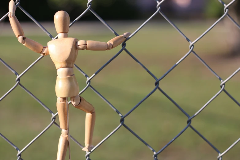 a small wooden toy posed to be fenced in