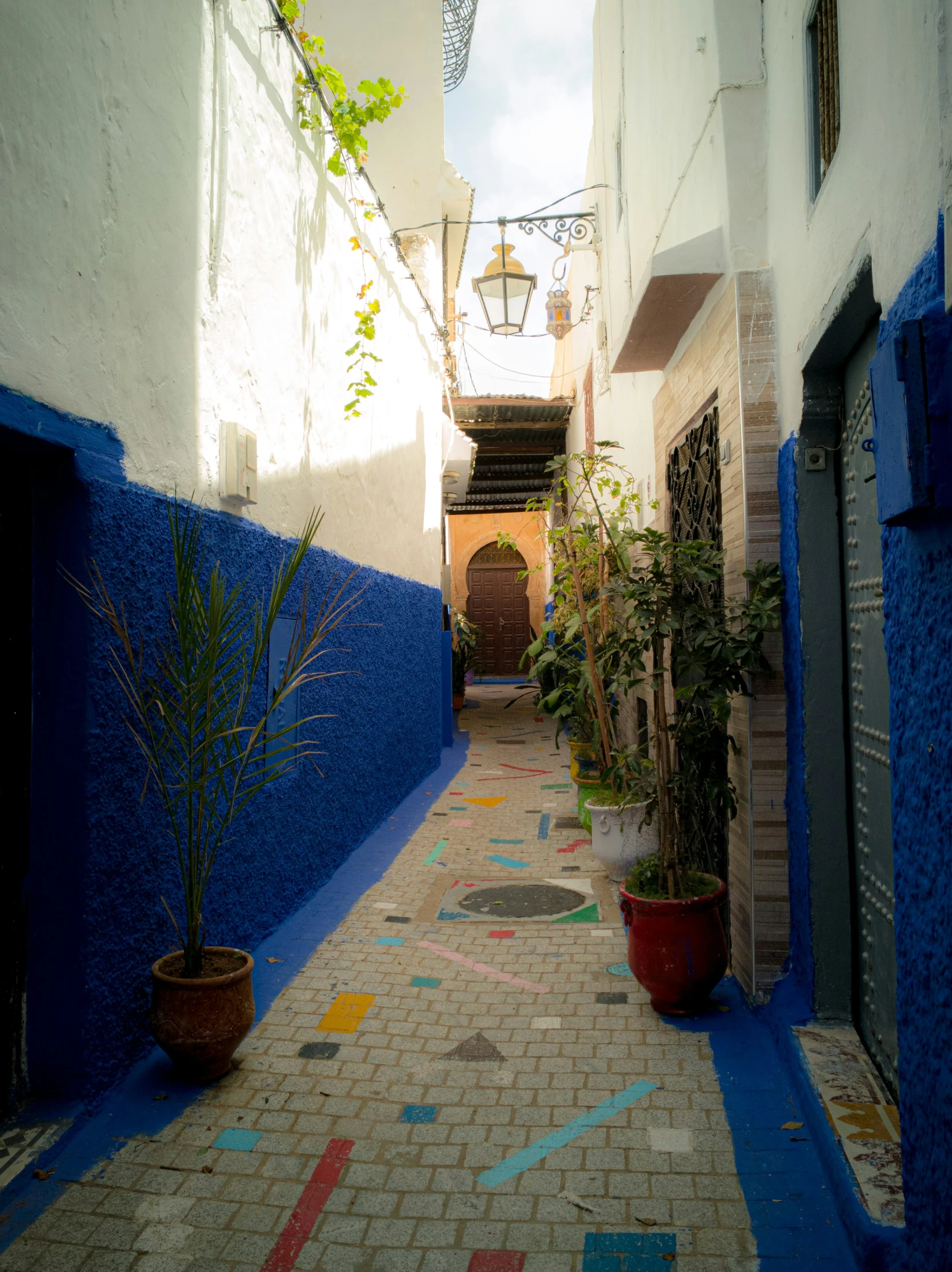 a narrow alley with bright colors and pots and a potted plant