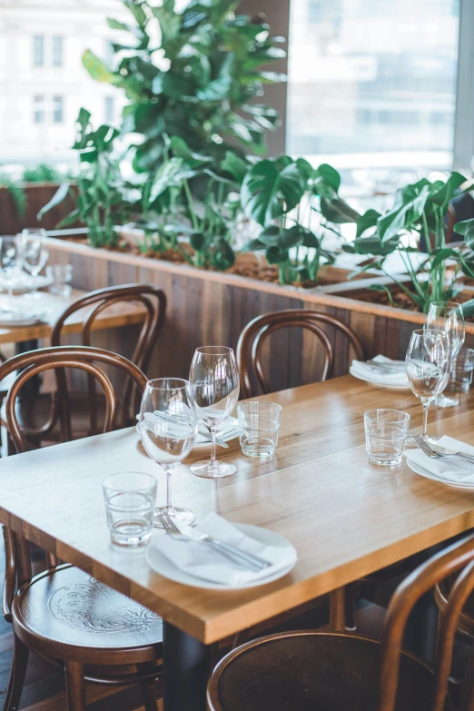 an empty restaurant with empty tables and chairs and planters