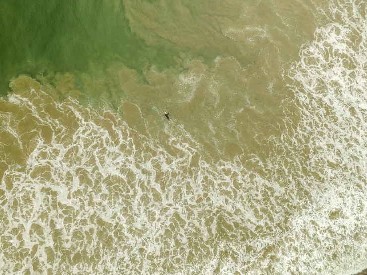 a surfer is swimming on the beach from above