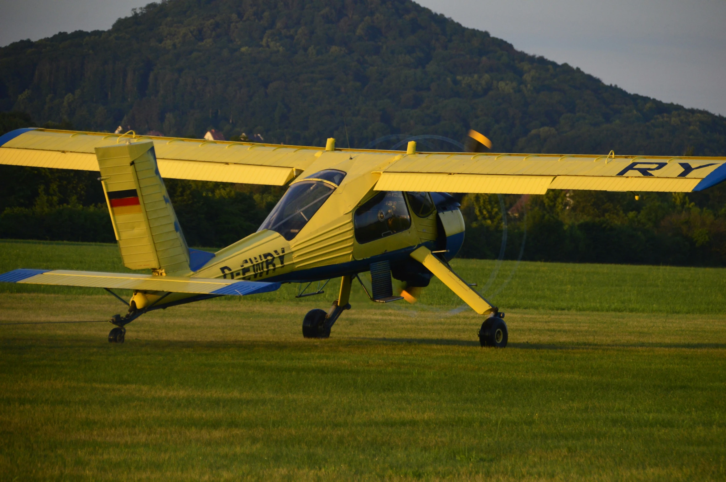 a yellow and blue airplane on a green field