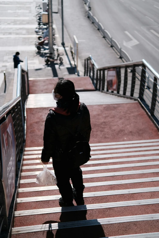 a person walking up some stairs with luggage