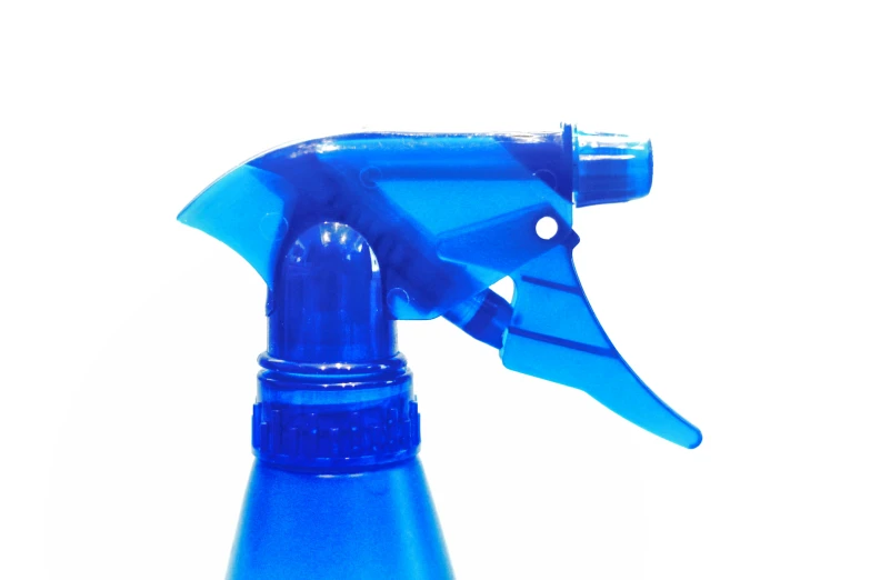 blue spray bottle with blue handle against a white background