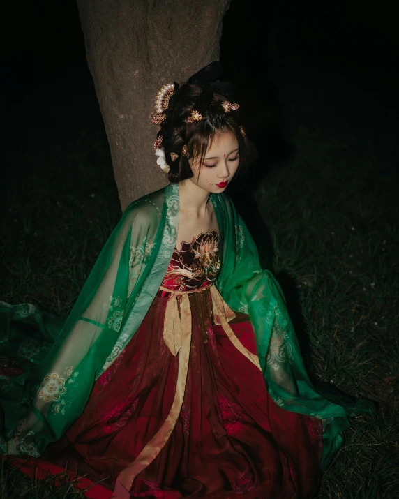 a woman dressed as an asian queen sits in the grass