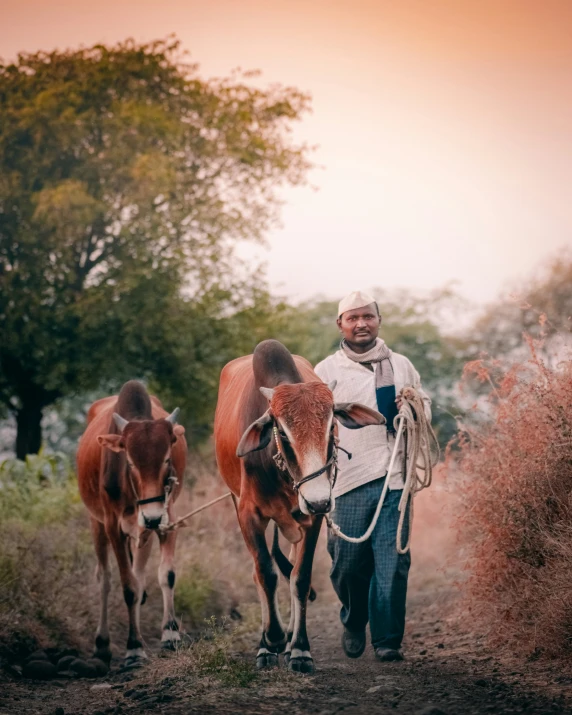 the man has a pair of cows behind him