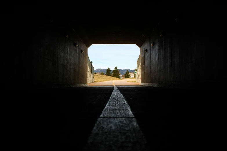 a dimly lit tunnel that has some trees