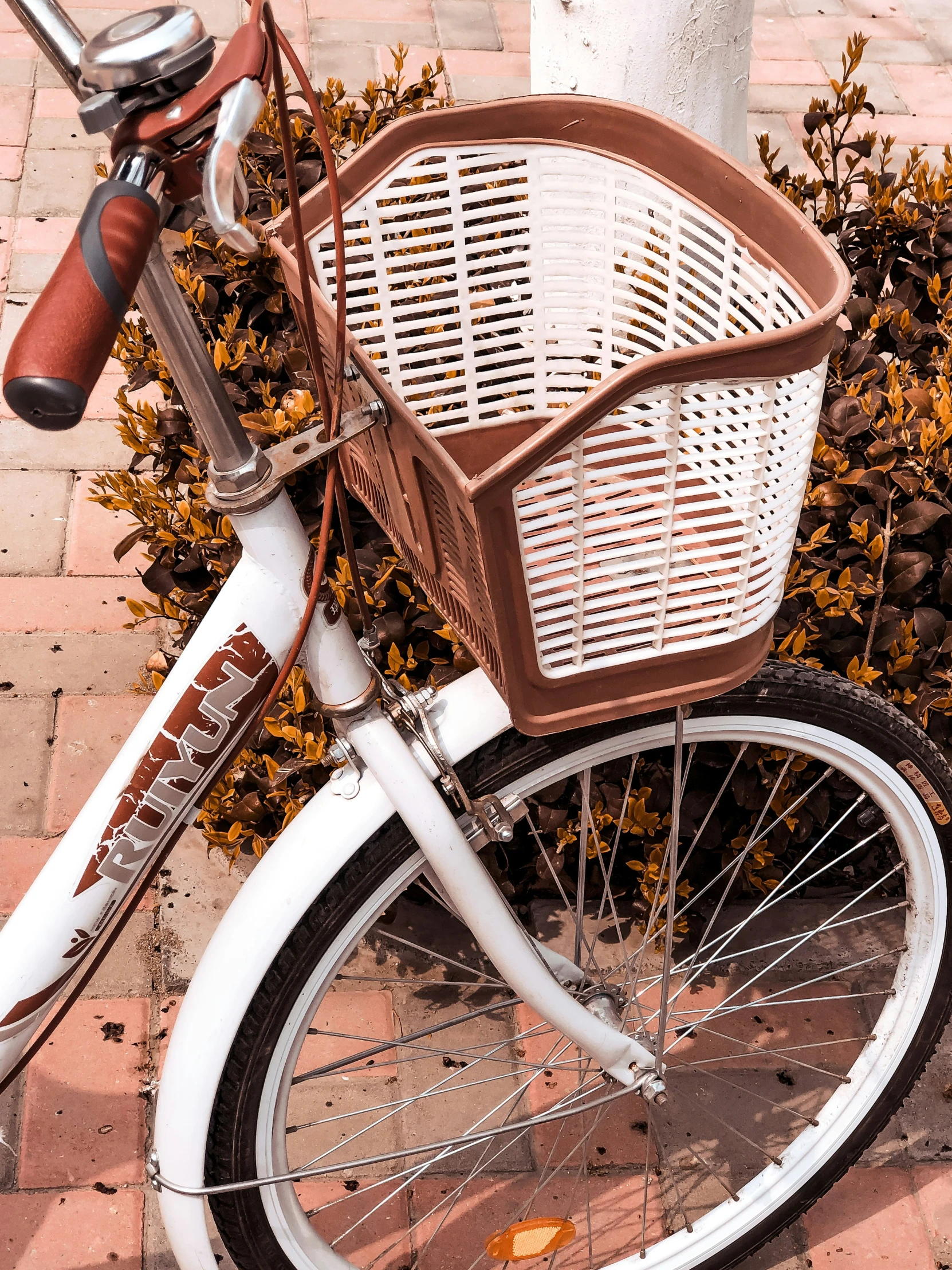 a basket is placed on the front of a bicycle