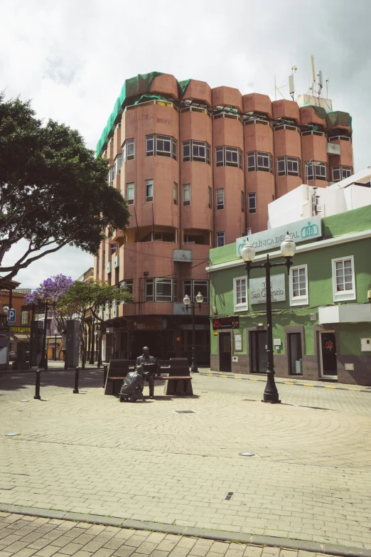 the city block has many colorful buildings on it