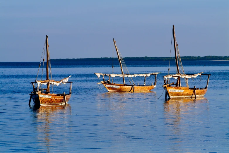 four old wooden sailing vessels anchored in the ocean