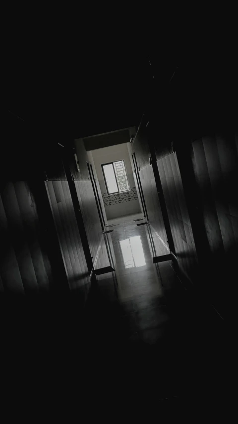 the light from an open door casts shadows in the dark hallway