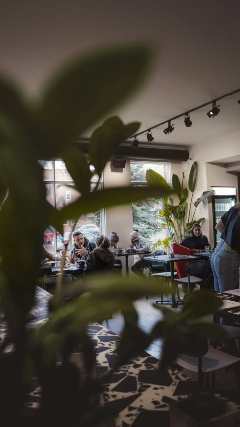 many people at tables are in a cafe