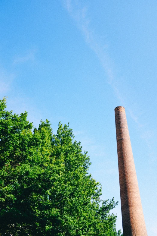 trees near a large tall stack and a building