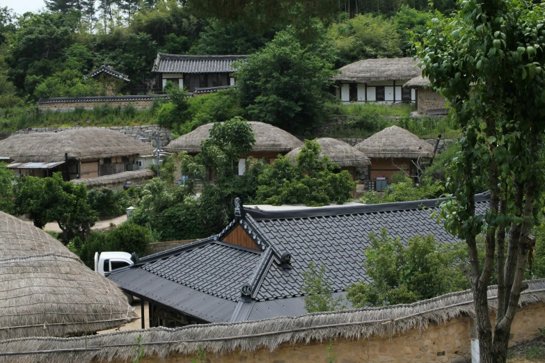 an asian village with stone roof and many houses