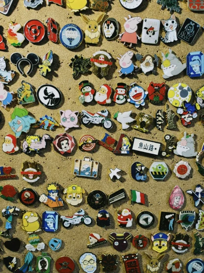 a carpet covered in many different kinds of badges