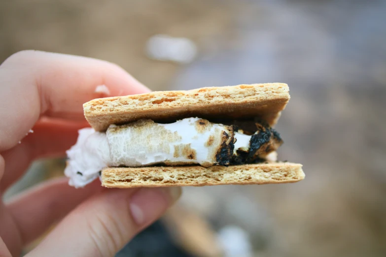 someone is holding up their mini sandwich, containing bananas and other ingredients