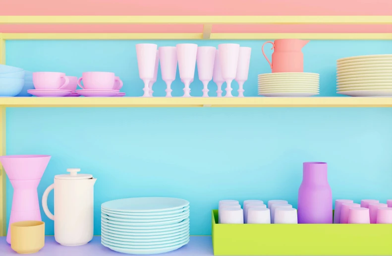 this is colorful shelves with dishes and cups on them