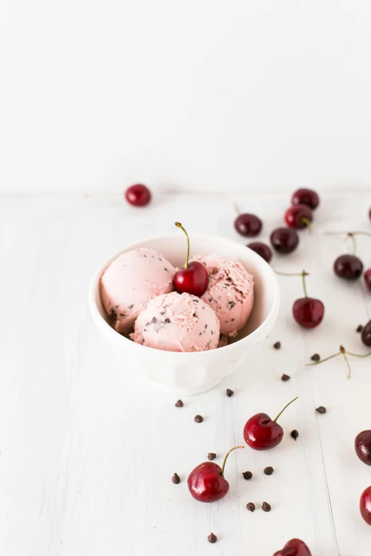 there is ice cream with cherries on the table