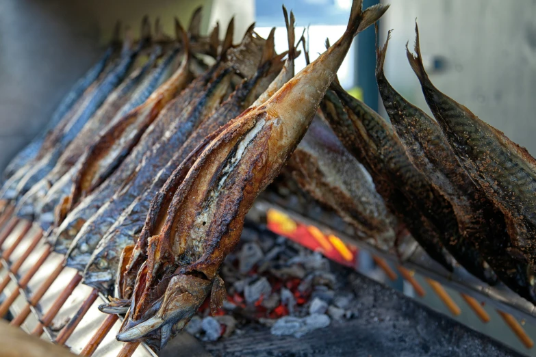 fish being prepared on top of a grill