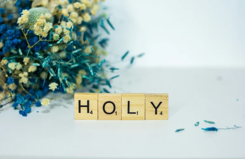 the word holly spelled out in scrabbled block letters next to a vase of dried flowers