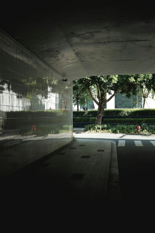 a view of a street through a building