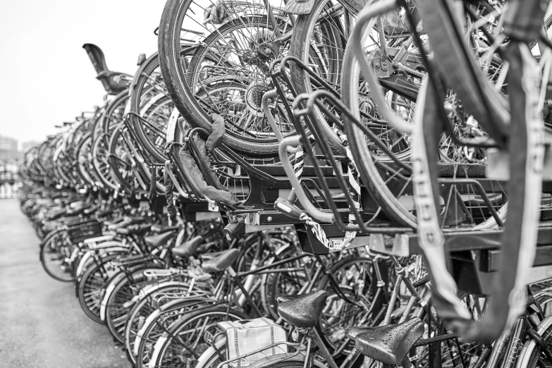 an old po of several bicycles lined up