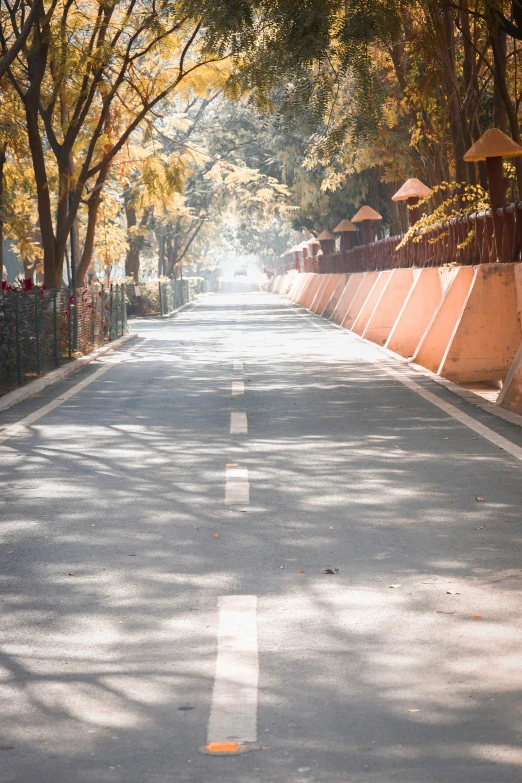 a street with some tables and chairs near trees