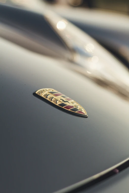 a close up s of an automobile with the hood badge