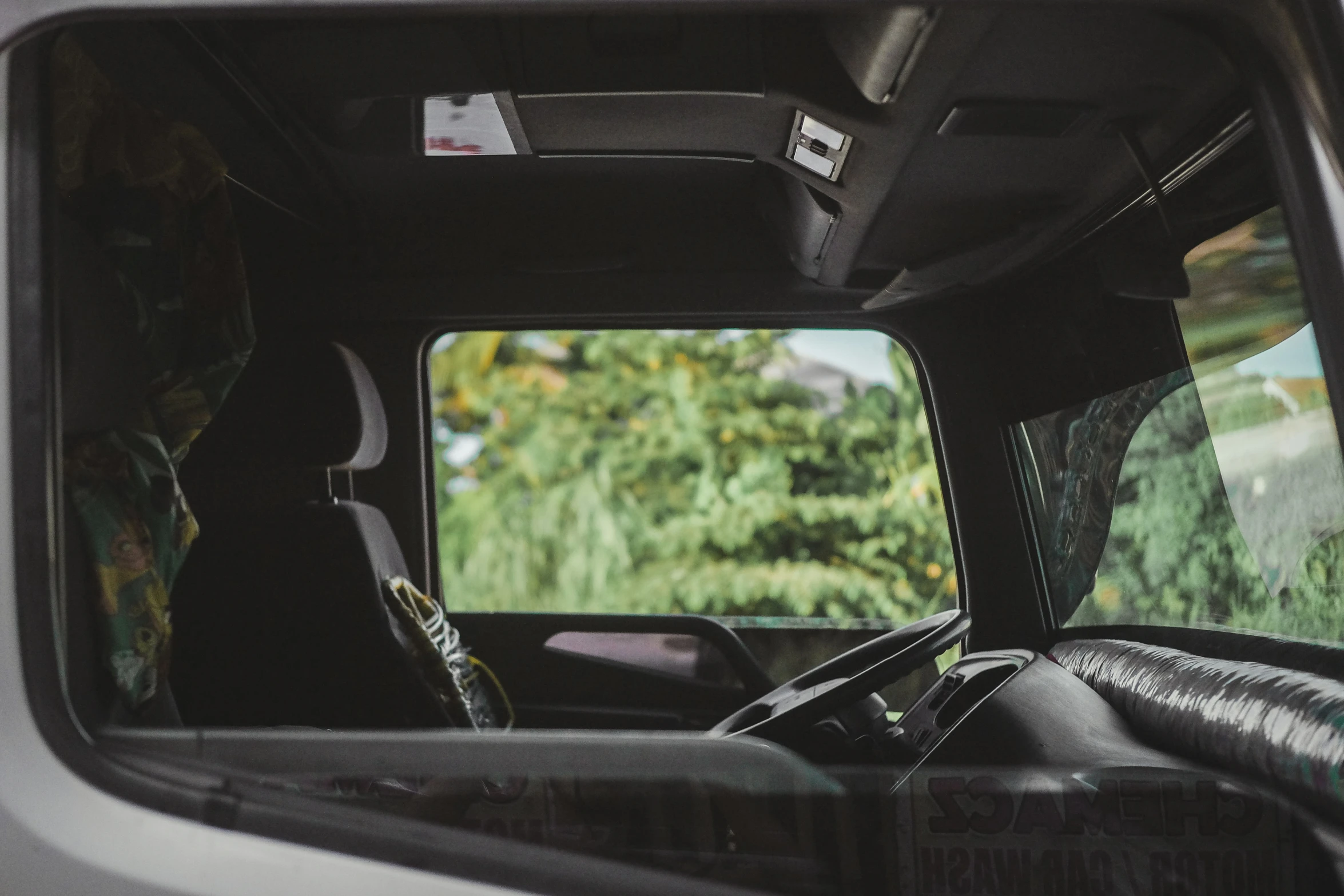 the passenger compartment inside of a large van