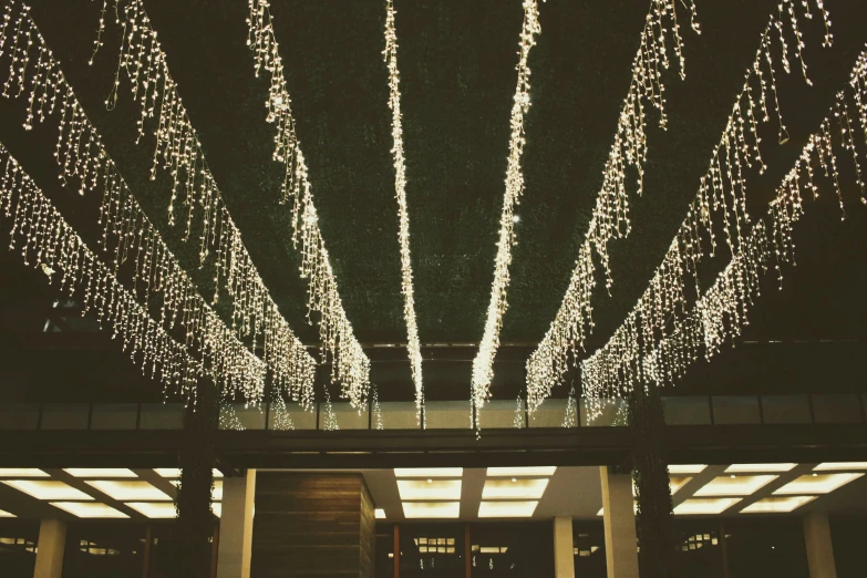 a dark room with christmas lights hanging from the ceiling