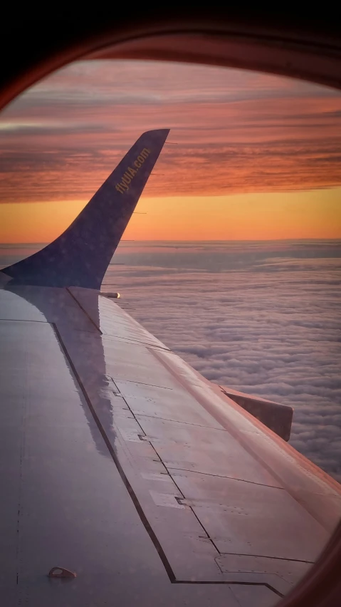 airplane wing overlooking an ocean with sunrise seen through window