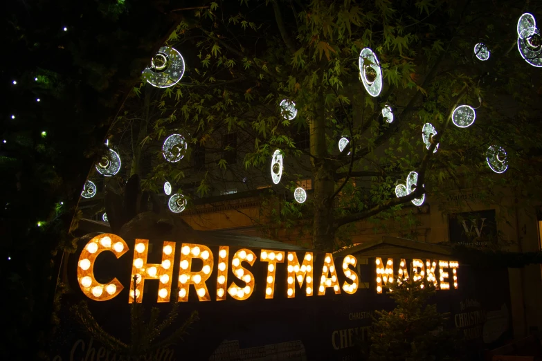 lights adorn the name of a building at christmas time