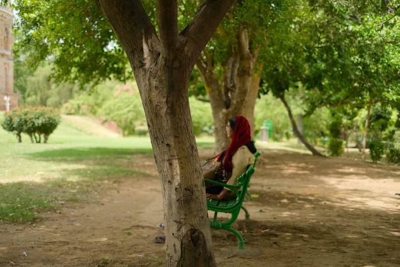 a young woman sitting on a park bench under the trees