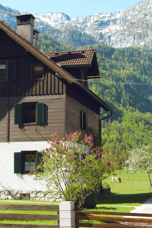 a wooden house in the mountains near a fence