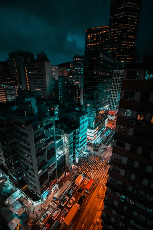 an aerial view of the city at night time