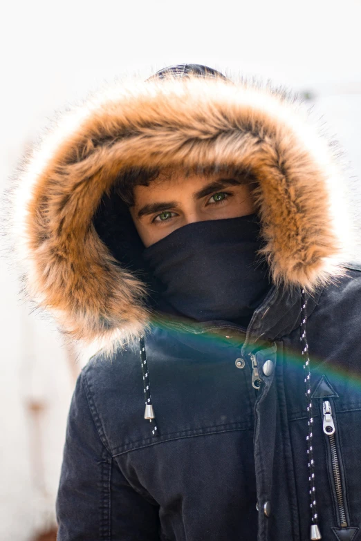 woman in black parka with hood and fur