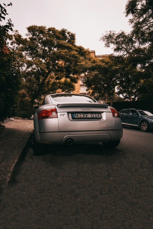 silver car parked at curbside next to tree's