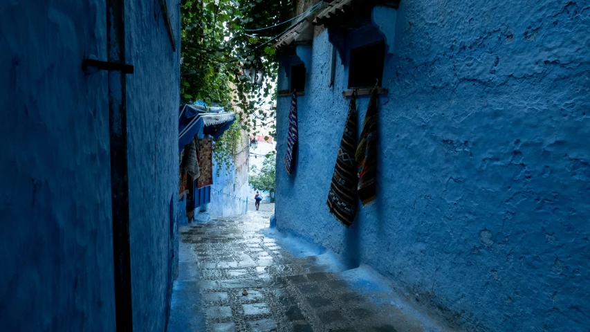 the street is lined with narrow blue buildings