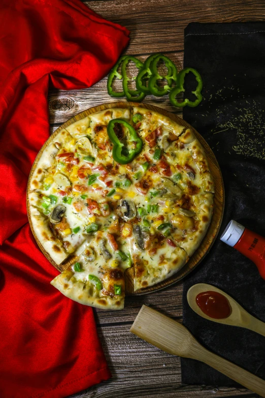 there is an image of pizza with peppers and other food items