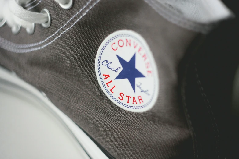 the shoe is in grey and white with a blue star on it