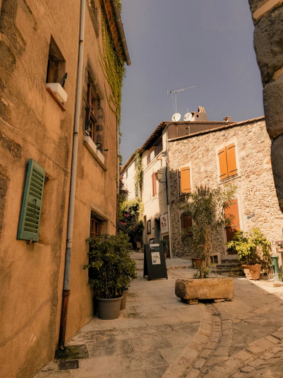 a street with potted plants outside buildings