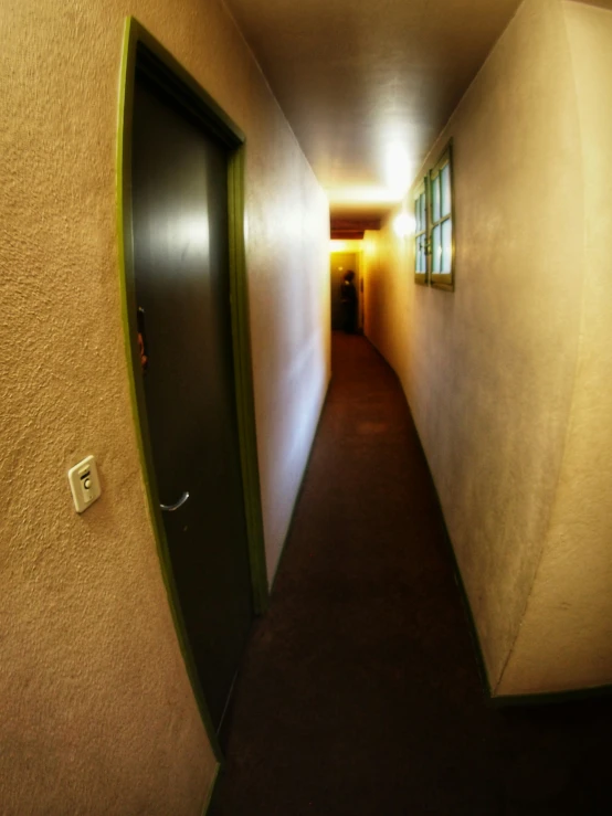 a long narrow hallway in a building with wooden doors