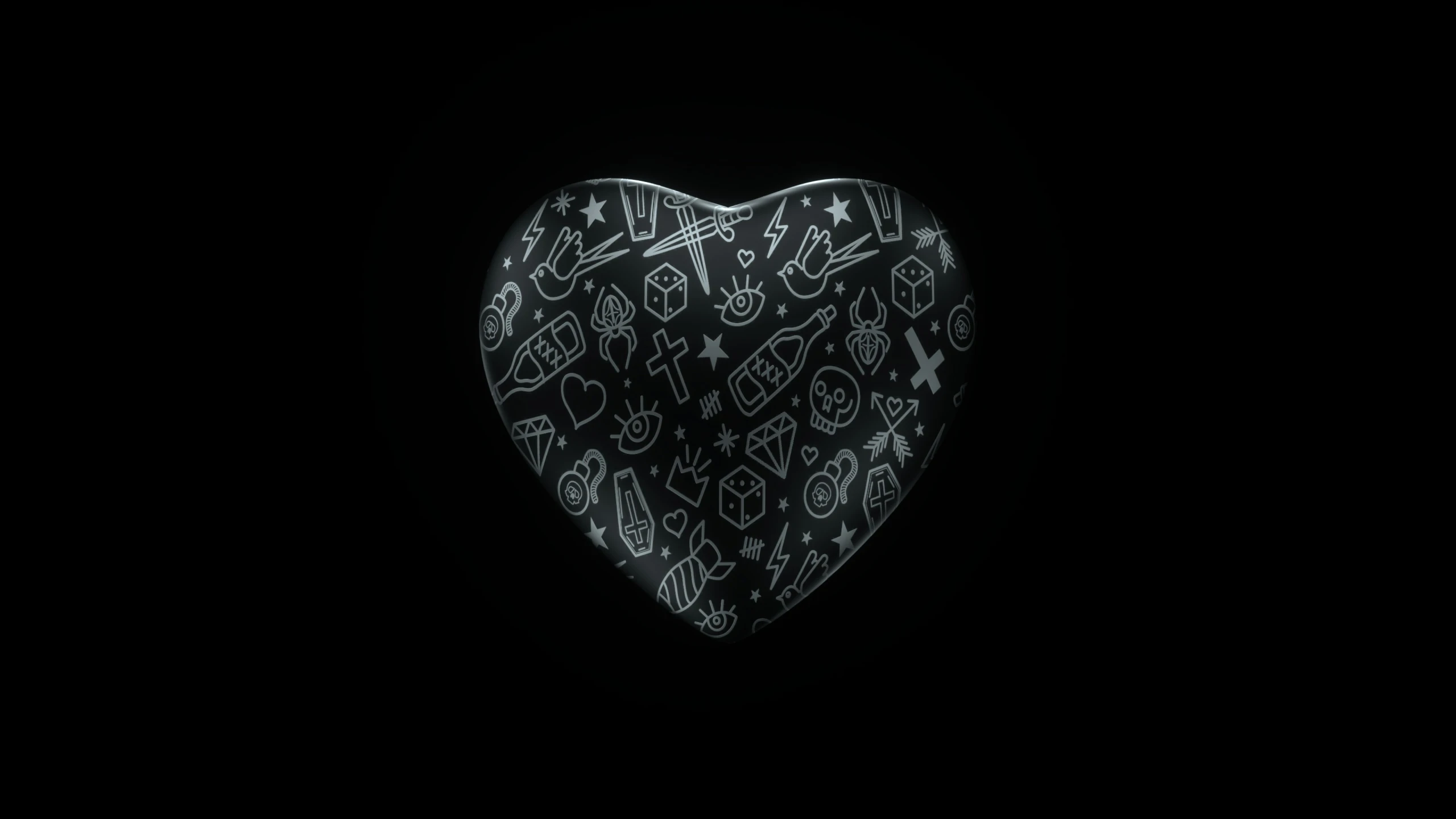 a black and white drawing of a heart on a black background