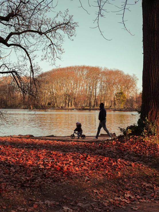 a man walking his dog by the water in a park