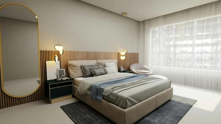 a simple modern bedroom with gold framed mirrors