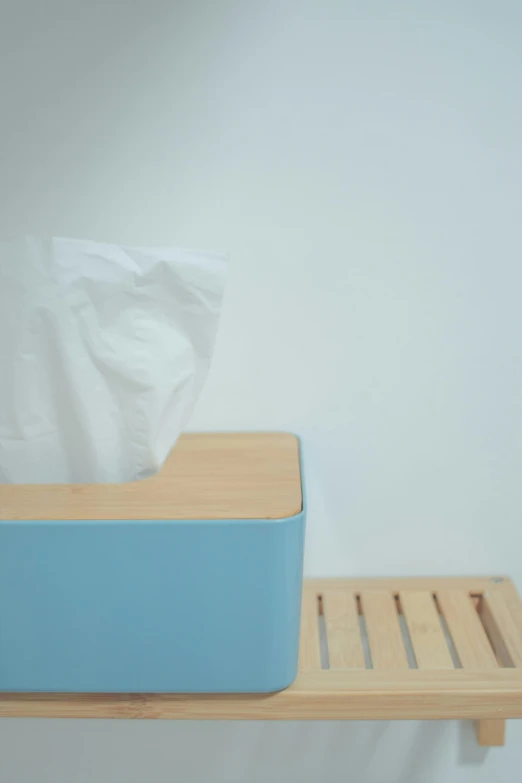 a tissue dispenser on a shelf with one hand sanitizer