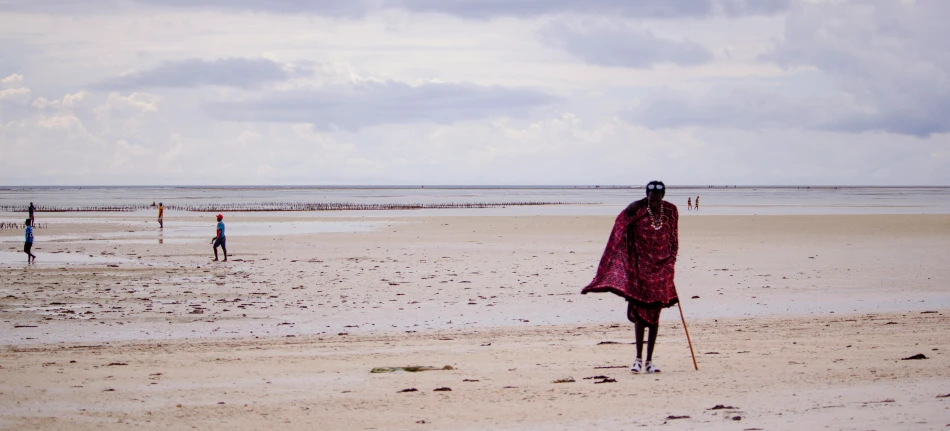 a person with a stick stands in the sand while other people in water walk by